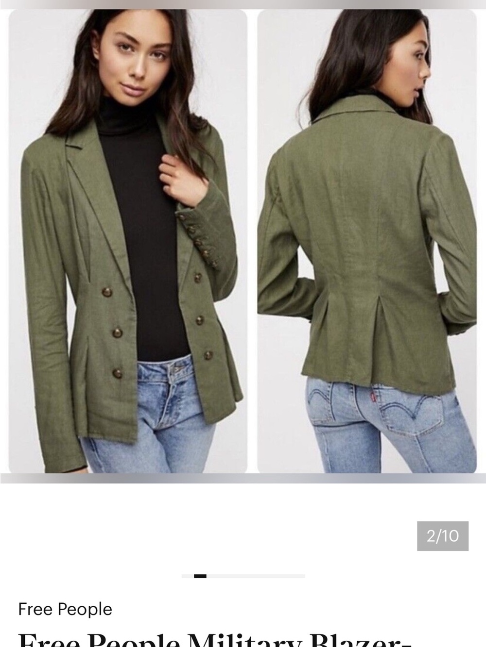 Free People Olive Green Military-Inspired Double-Breasted Blazer